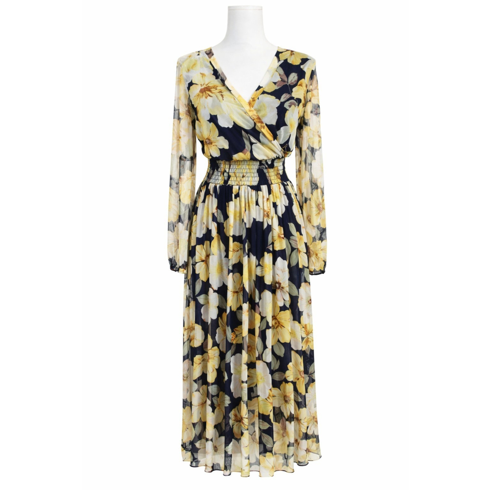 Kate & Lily Floral Maxi Dress Size 6 Navy Yellow Long Sleeve Smocked